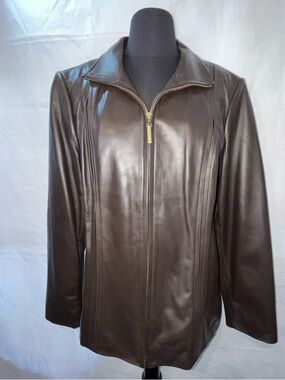 Preston & York Brown Lambskin Leather Jacket Women’s Large Zip Front Classic
